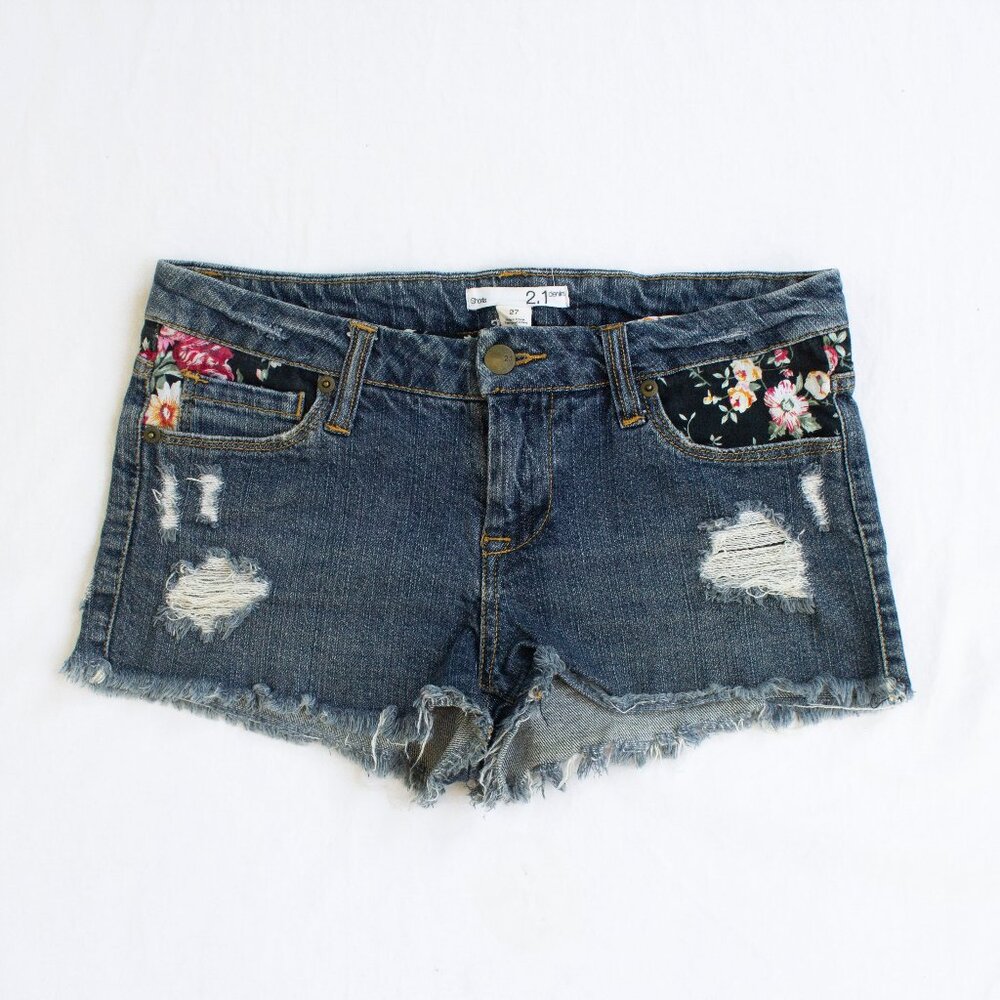 2.1 Denim Cut Off Jean Shorts - Floral Fabric Distressed Denim